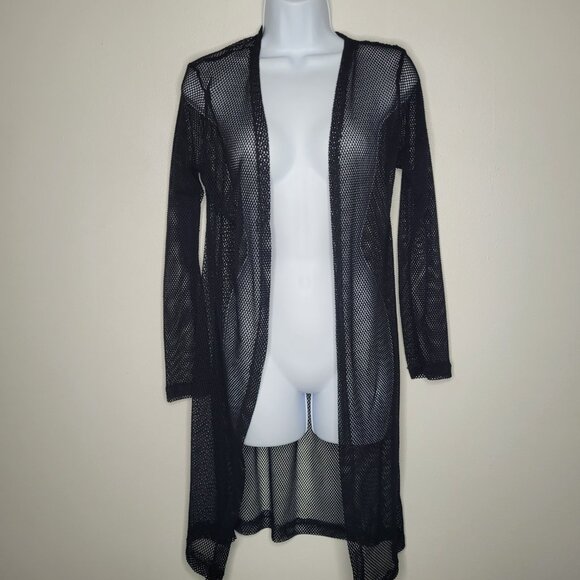 NYC black open knit mesh long open front grunge punk club kid cardigan medium - Picture 1 of 7